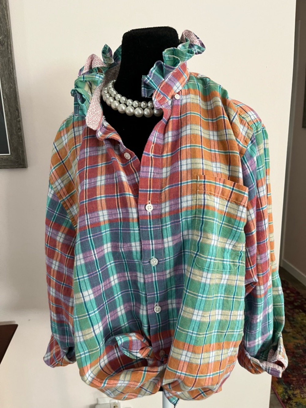 UpcycledTommy Bahama Multicolor Plaid Button-Up Shirt with Ruffled Collar